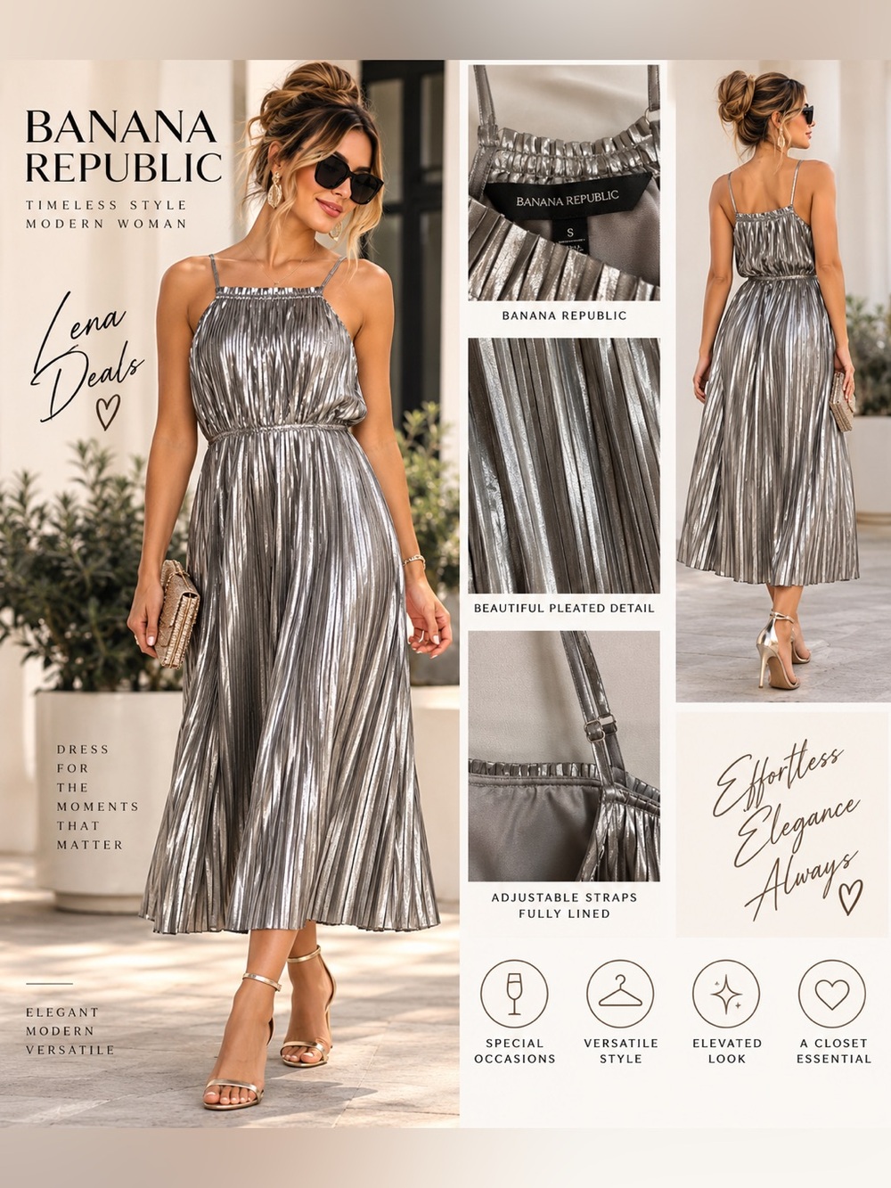 Banana Republic Metallic Silver Pleated Midi Dressy Womens Sz 10